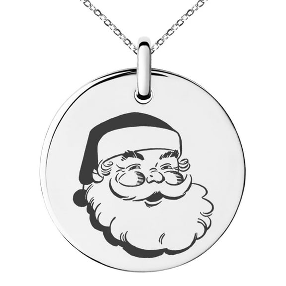 Tioneer Stainless Steel Classic Hearty Santa Claus Engraved Small Medallion Circle Charm Pendant Necklace