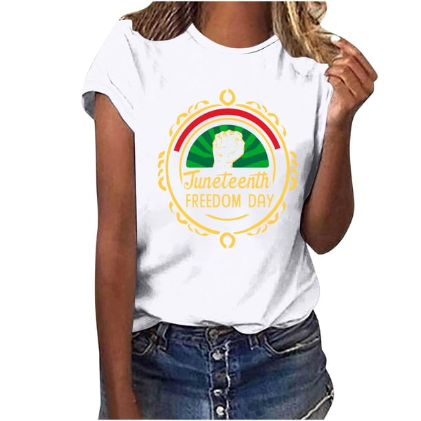 Tops de Manga Corta para las Mujeres de Ajuste Suelto, Día de la Independencia Negro Impreso, Cuello Redondo Suelto Superior