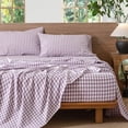 thumbnail image 6 of MooMee Gingham Sheet Set 100% Washed Cotton Linen Like Textured Extra Deep Pocket Breathable Lightweight 4-Piece (Light Purple, Queen), 6 of 7