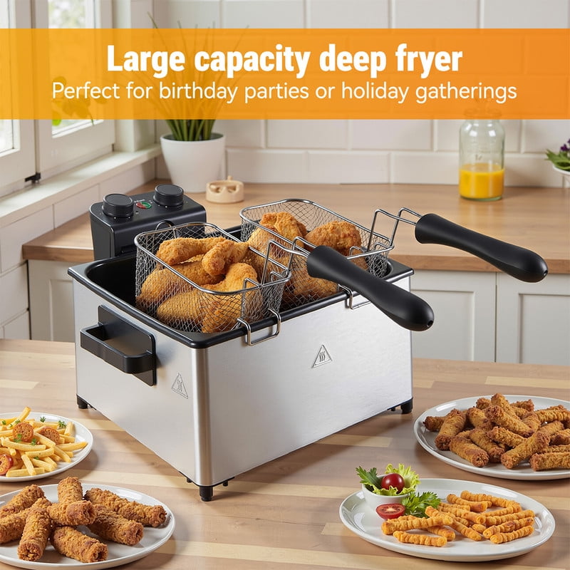 Daluvenix Electric Deep Fryer, 5L Capacity with 3 Frying Baskets, 1700W Power, Time & Temperature Control, Stainless Steel, Dishwasher Safe Lid & Baskets, Home Use Fryer with View Window & Odo