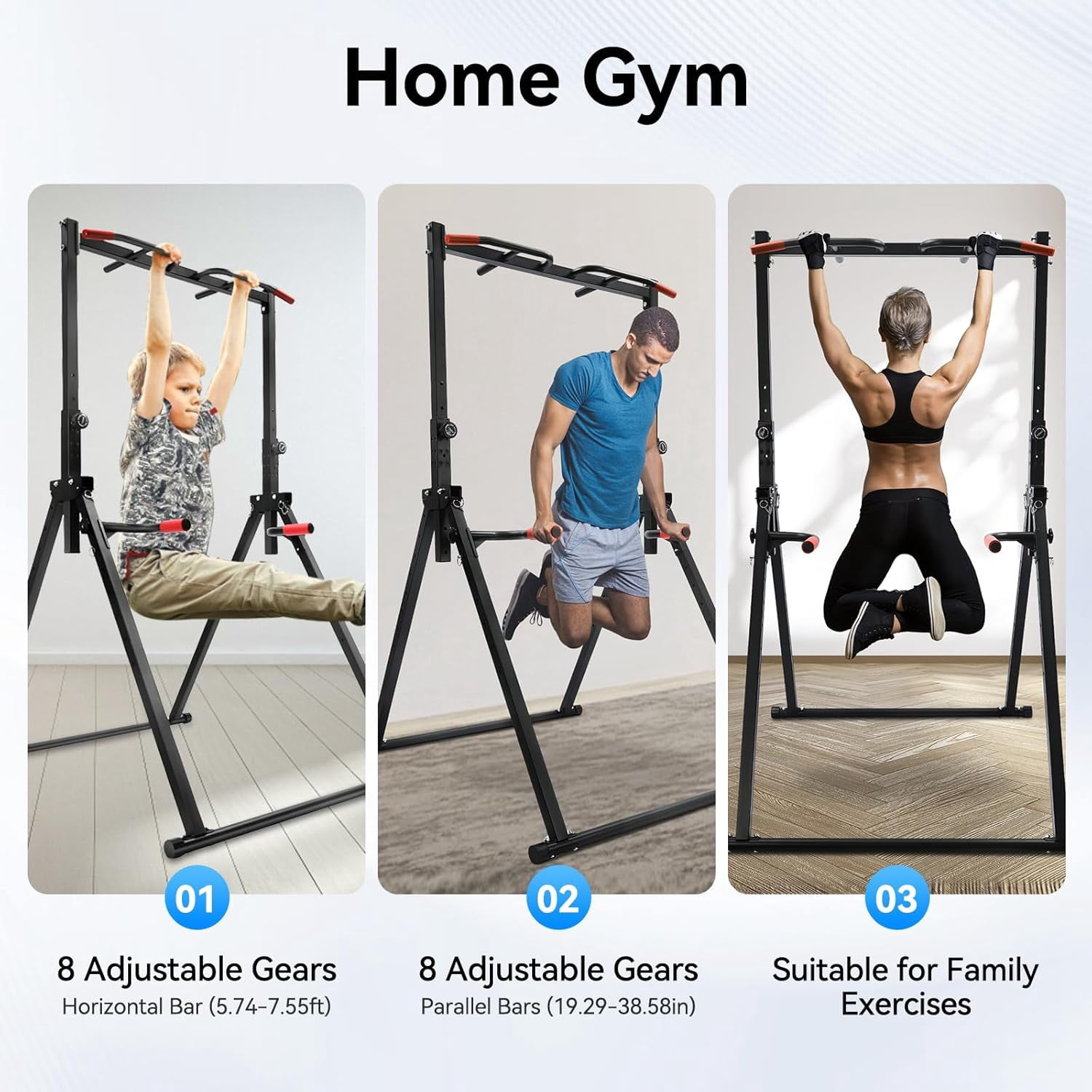 Foldable Power Tower Pull Up Bar and Dip Station Height Adjustable Pull Up Bar Strength Training Fitness Workout Equipment Free Standing Power Tower Rack for Home Gym