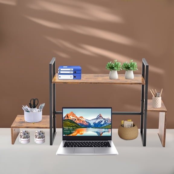 Desktop Bookshelf Organizer, 48.8" Large Monitor Stand with Storage Shelves, 165LBS Capacity Computer Desk Shelf for Home Office, Rustic Brown Printer Stand with Metal Frame