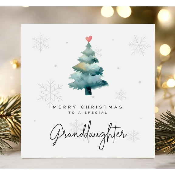 Merry Christmas Card for Granddaughter – Watercolor Christmas Tree Design – Blank Inside with Envelope – Perfect Holiday Greeting for Your Special Granddaughter
