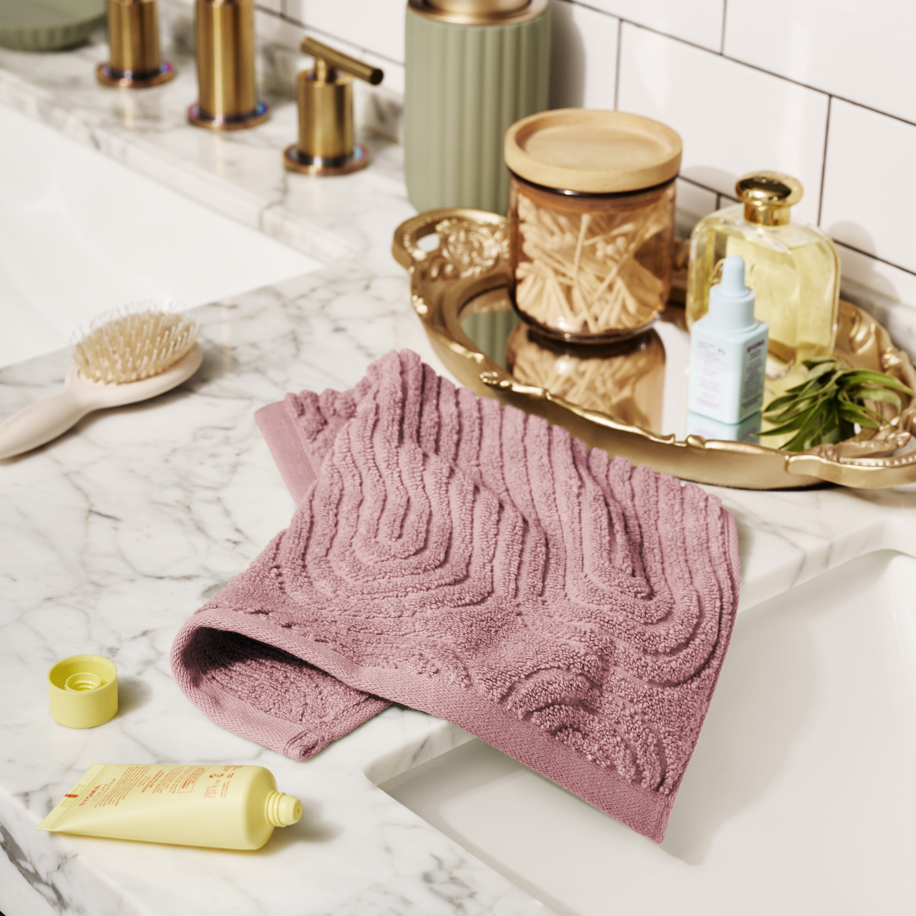 Beautiful by Drew Barrymore Textured Washcloth, 100% Cotton, Rose Pink