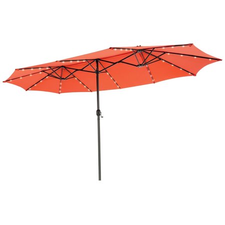 15FT Twin Patio Double-Sided Umbrella 48 Solar LED Lights Crank Outdoor