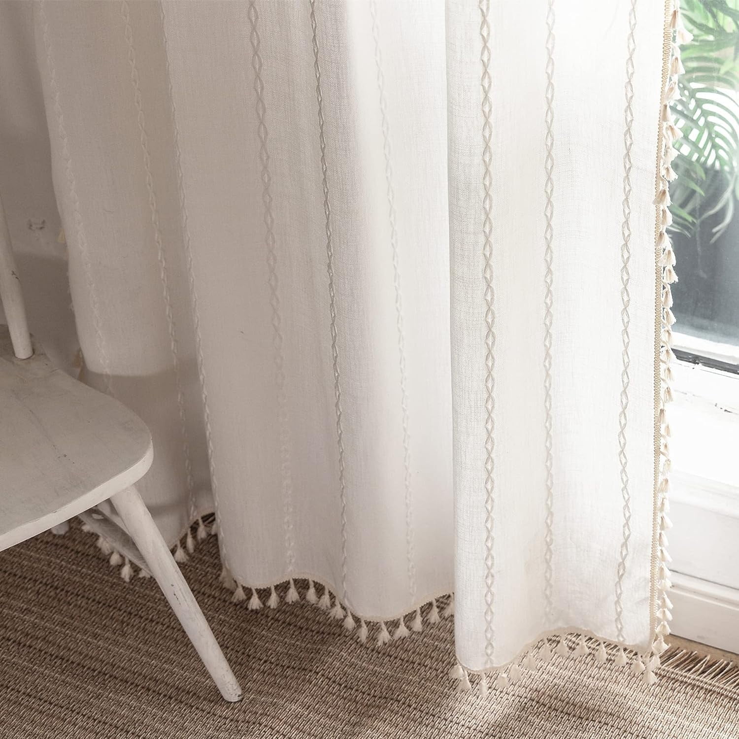 Psoiuetr White Boho Curtains for Bedroom Living Room Linen Cotton Embroidered Semi Blackout Farmhouse Window Treatment Drape Vintage Tassels Rod Pocket 1 Panel 52" W x 63" L