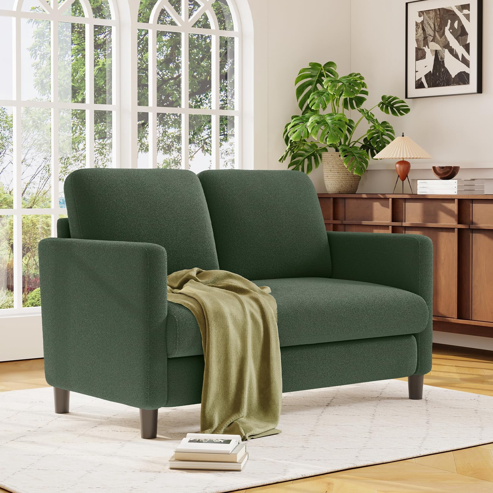 Welzona 51" Teddy Fabric Loveseat Sofa, Small 2-Seater Couch for Small Spaces, Tool-Free Assembly, Green