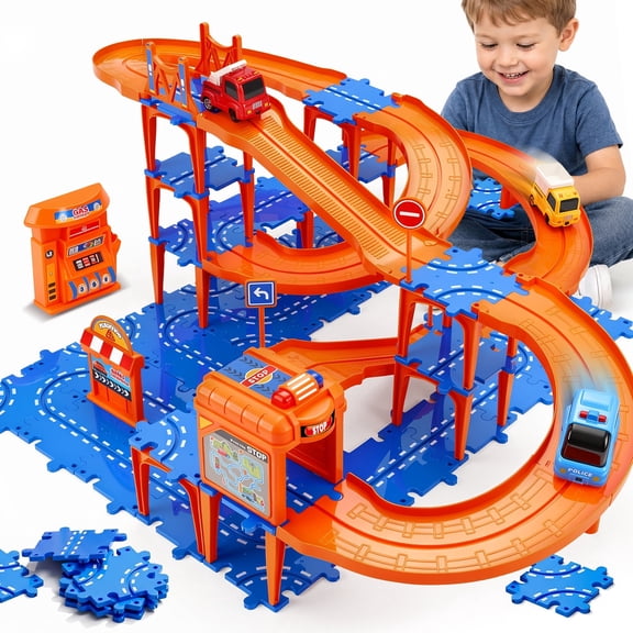 Flooyes Puzzle Track Race Cars Toys, Educational Floor Puzzle Car Game with 3 Little Cars, Birthday Gift Toy for Kids Boys Girls 6 7 8 9 10
