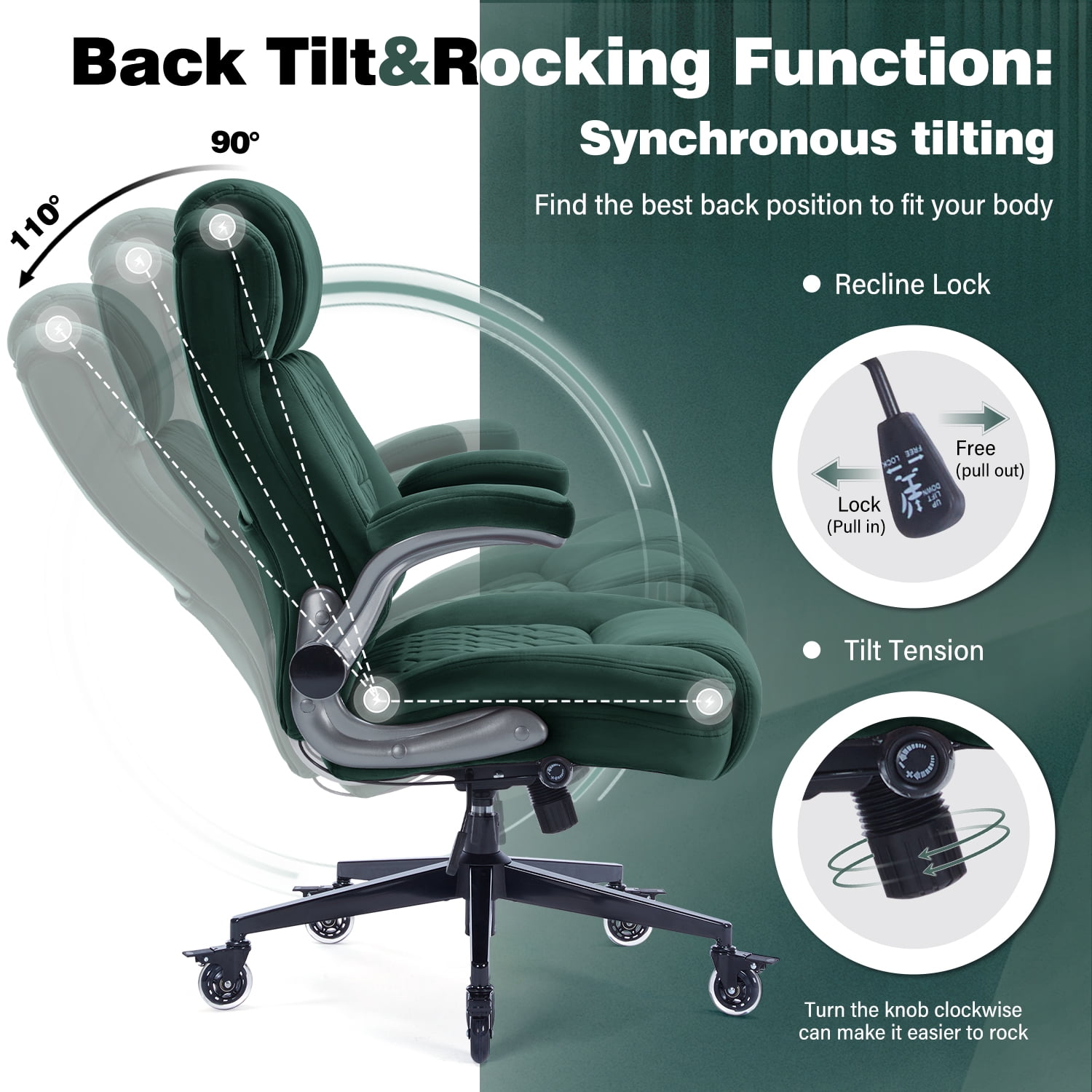 High Back Office Chair with Lockable Wheels, 400lbs Large Fabric Executive Desk Chair, Adjustable Lumbar Support Flip up Arms, Ergonomic Home Office Computer Chair with Storage Pocket, Green