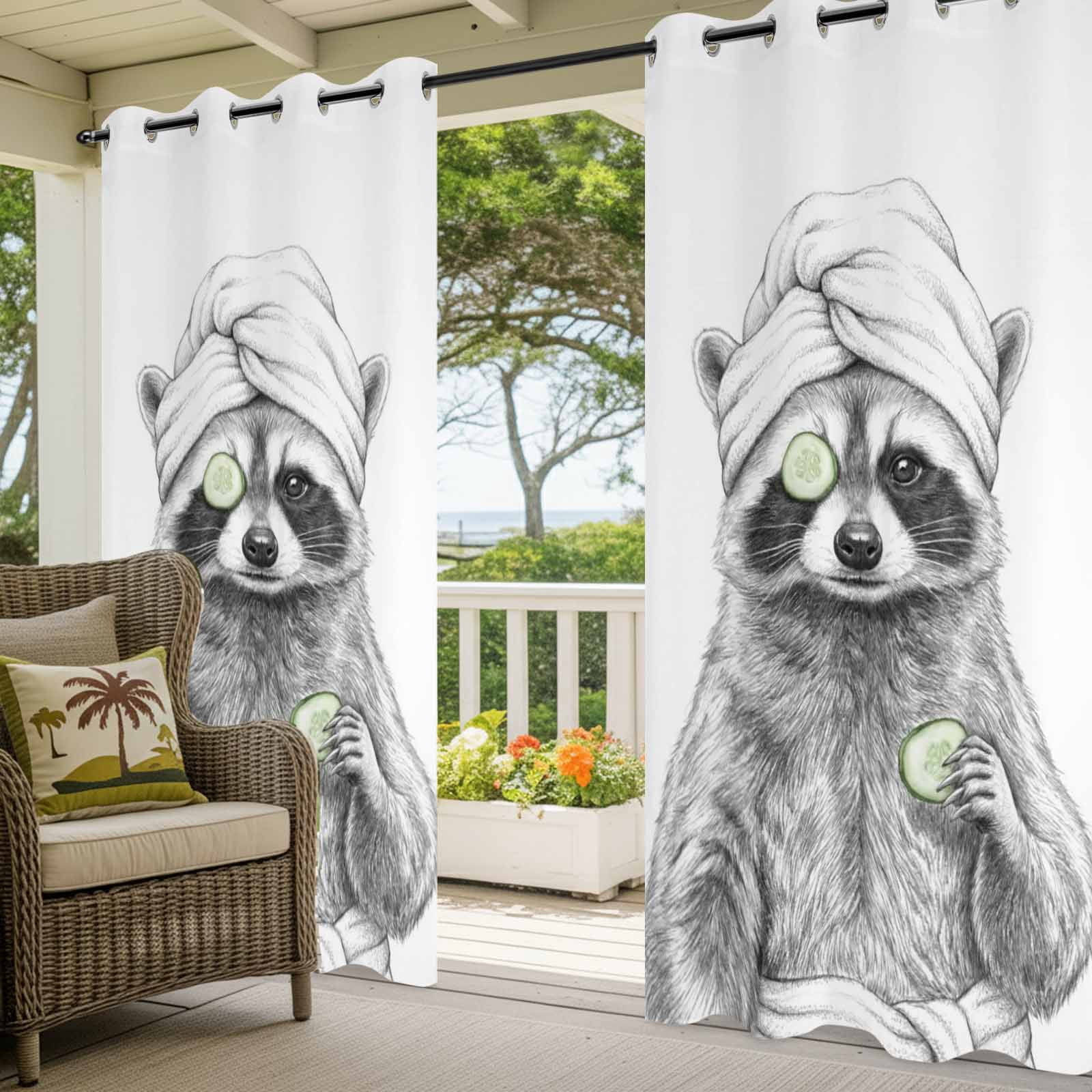 Grey Animals Outdoor Curtains for Patio, Funny Raccoon with Bath Wrap Cucumber Slice Gray Modern Sunshade Privacy Drapes Grommet Waterproof Outside Curtains for Porch/Cabana/Balcony 54"x108", 1 Panel