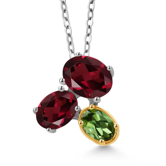 925 Silver and 10K Yellow Gold Red Rhodolite Garnet and Green Tourmaline Pendant Necklace for Women (2.75 Cttw, Oval 8X6MM, 7X5MM and 6X4MM, Gemstone January Birthstone, with 18 inch Chain)