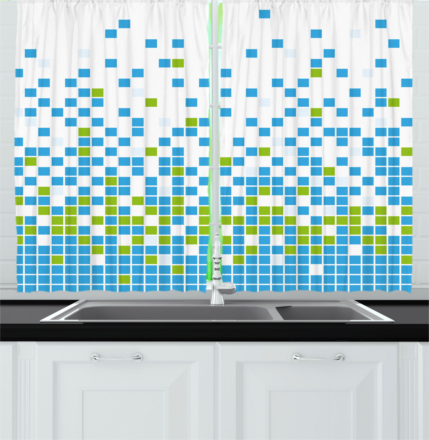 Modern Curtains 2 Panels Set, Mosaic Grid Pattern Pixel Art Digital
