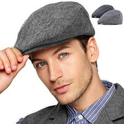 LADYBRO Black+Grey Tweed Newsboy Cap - Retro Wool Hat for Boy Men Flat Cap Ivy Hat 2Pack