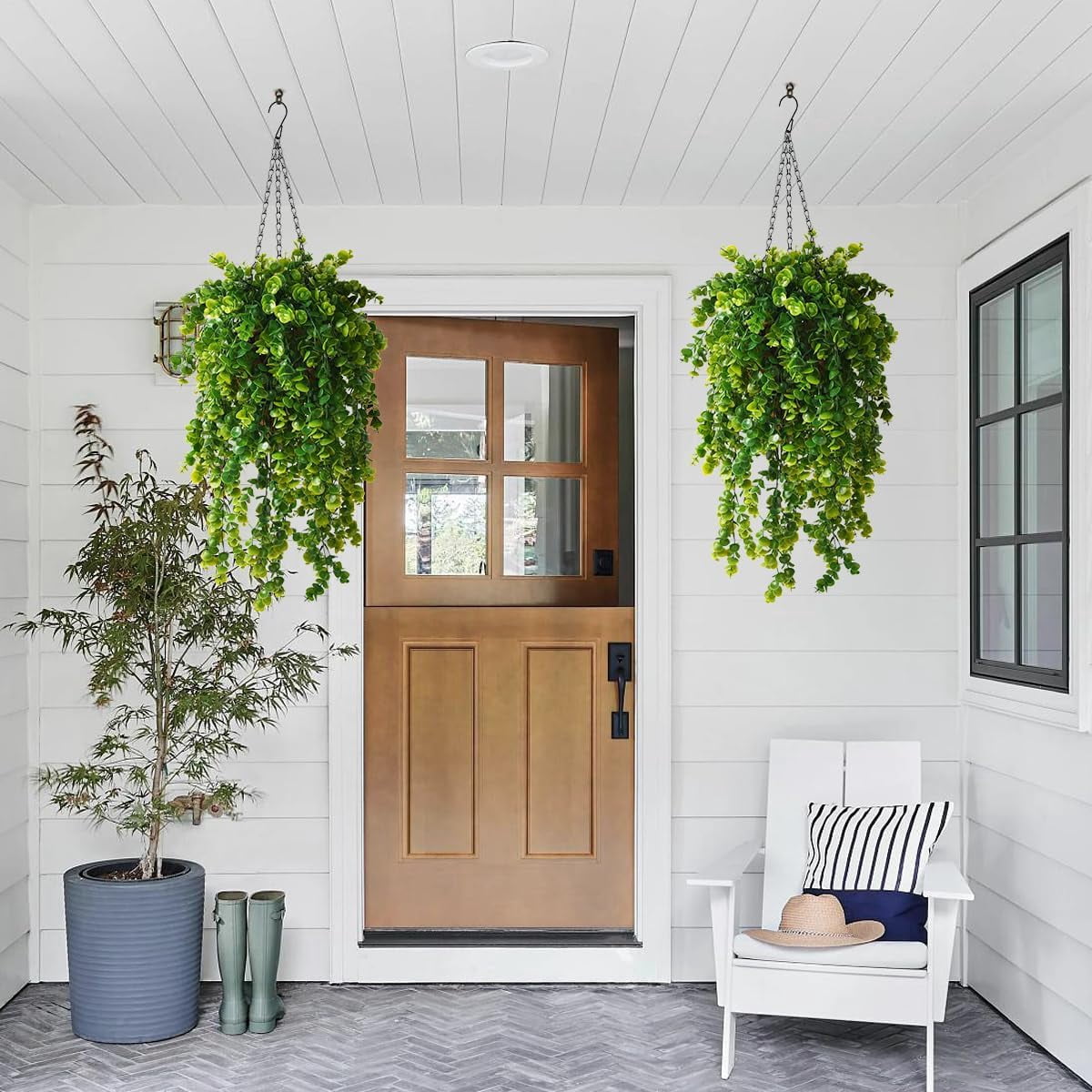Artificial Hanging Plants in Basket Fake Hanging Eucalyptus with Coconut Lining Chain Palm Flowerpot Hanging Plant Outdoor UV Resistant Plastic Plants(Eucalyptus)