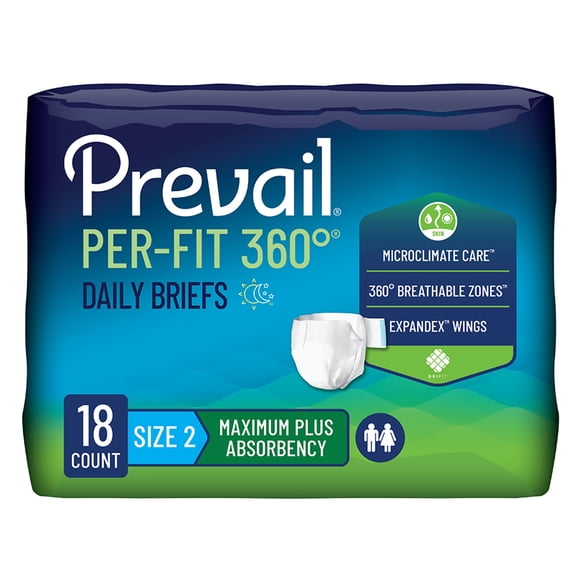 Previal, Per-Fit 360°, Daily Brief, 18Count, Size 2/Large, Maximum Plus Absorbency, Expandex Wings