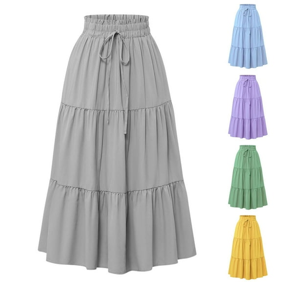 WRKEKC Long Skirts for Women Summer, Casual Skirts for Women, Women's Trendy Casual Ladies Comfy Solid Color A-Line Elastic Waist Pleated Long Skirts with Drawstring