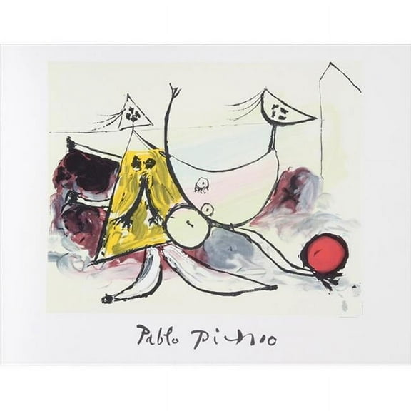 Pablo Picasso 14490 Femme sur la Plage Jouant au Balloon- Lithograph on Paper 29 In. x 22 In. - Yellow- Red- Black- White