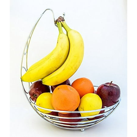 Chrome Steel Warming Rack - Metal Fruit Basket with Banana Hanger Quality Countertop Baskets Tabletop Iron Produce Stand Storage Grapes Hanging Rack Chrome