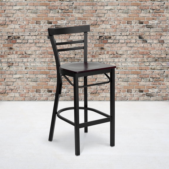 Emma Oliver 2 Pack Black Two-Slat Ladder Back Metal Restaurant Barstool - Mahogany Wood Seat