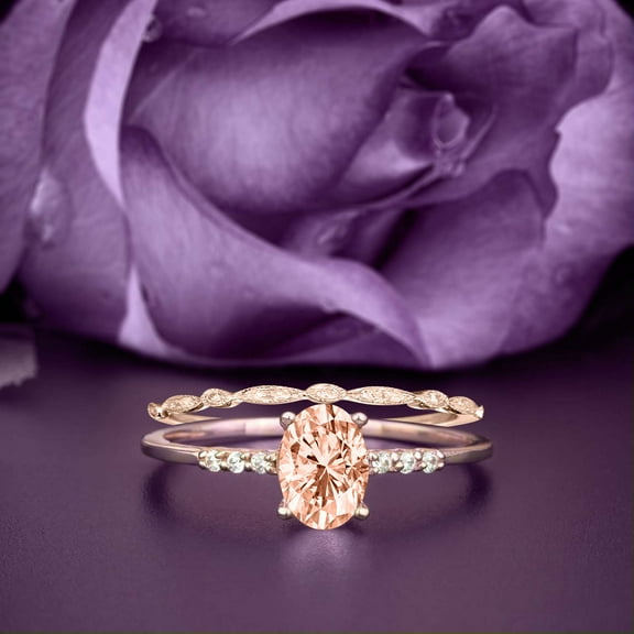 Beautiful Unique Art Deco 2.00 Carat Oval Cut Morganite And Diamond Moissanite Engagement Ring, Classic Wedding Ring, One Matching Band in 10k Solid Rose Gold, Gift For Her, Promise Ring, Bridal Set