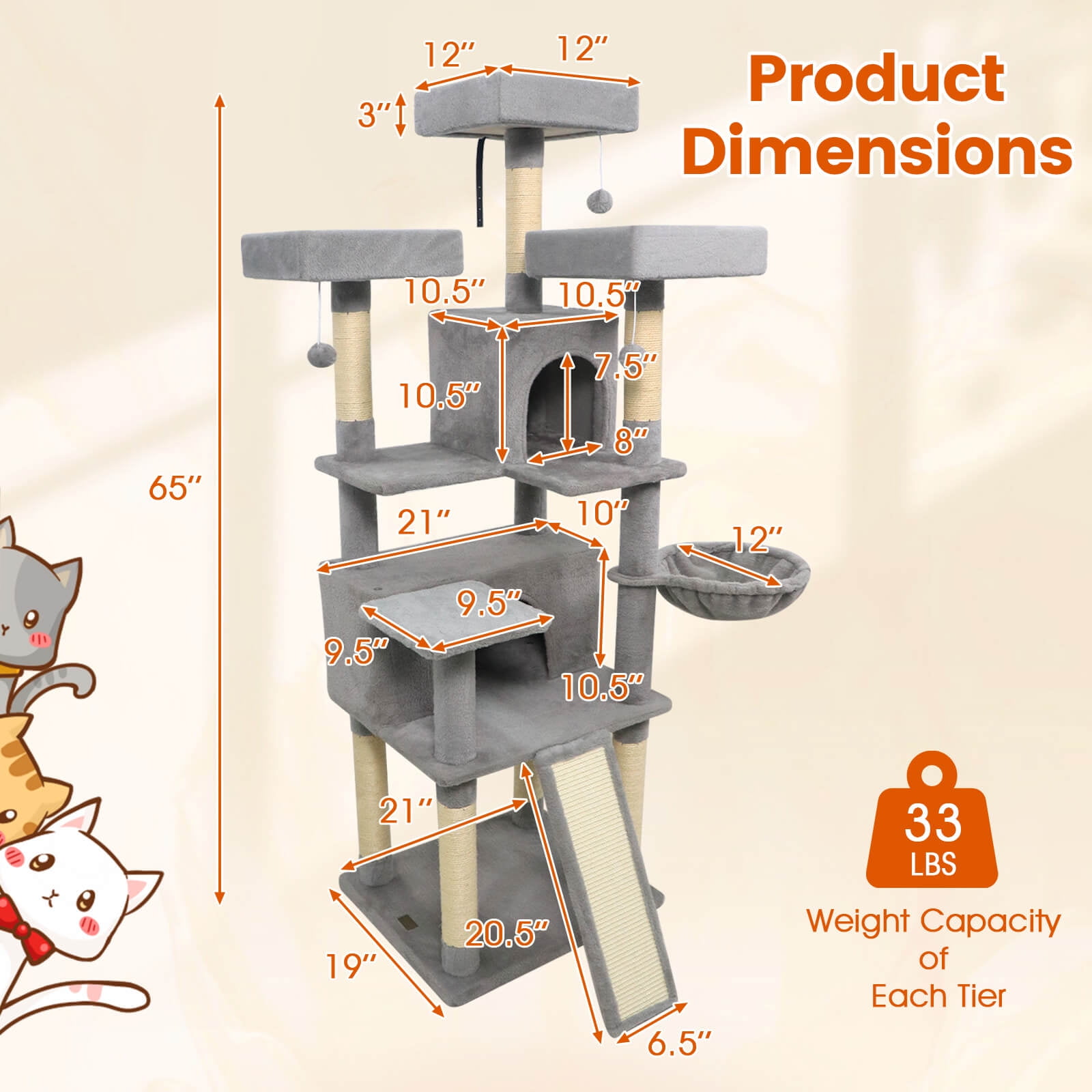 Costway 65” Tall Multi-level Cat Tree with 3 Upholstered Top Perch 2 Cat Condos Cat Basket Light Gray