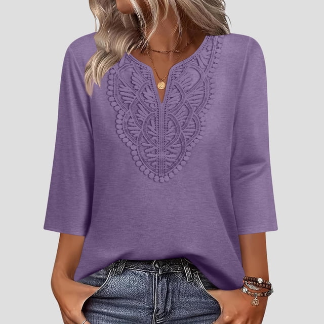 TaTaai Bohemian Solid Color Women Blouse 3/4 Sleeve V Neck Loose Fit Soft Breathable Casual Holiday Beach Daily Wear Fashion Top Gift
