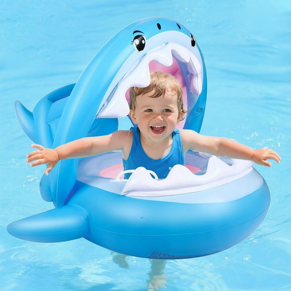 Rirool Baby Shark Float with Canopy - Inflatable Pool Float for Toddlers 6-36 Months, PVC Swim Ring with Sunshade (25kg Capacity)