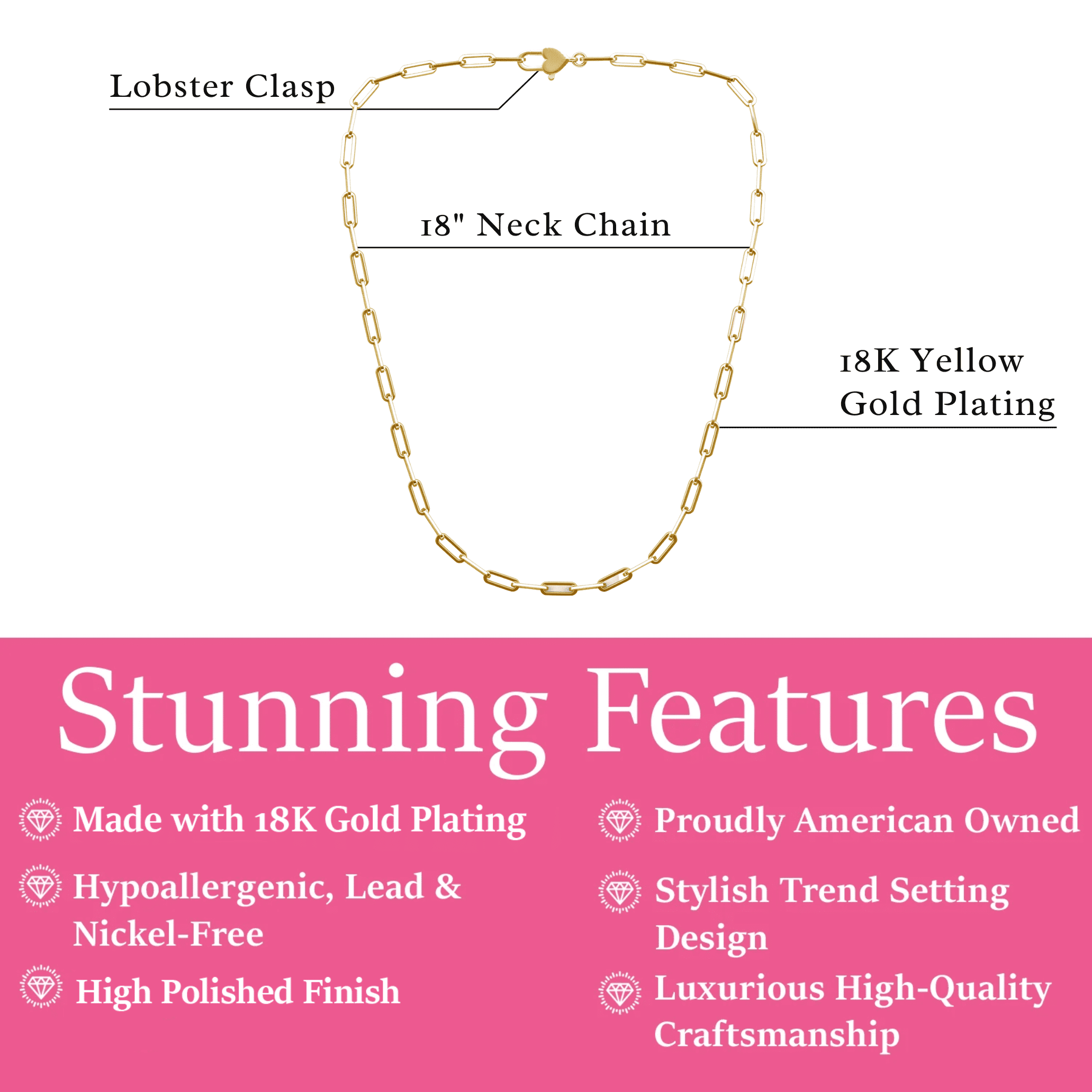 Cate & Chloe Tammy 18k Yellow Gold Plated Paperclip Chain Necklace, Gift for Women