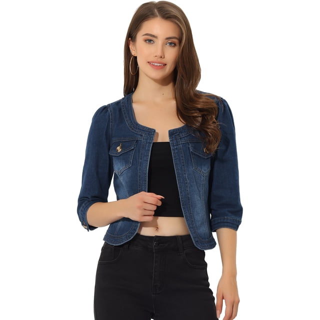 Allegra K Chaqueta de mezclilla sin cuello para mujer Chaquetas de mezclilla de manga 3/4 Azul Oscuro XL