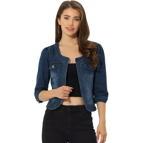 Chaqueta de mezclilla sin cuello Allegra K Mujer Azul Oscuro XS