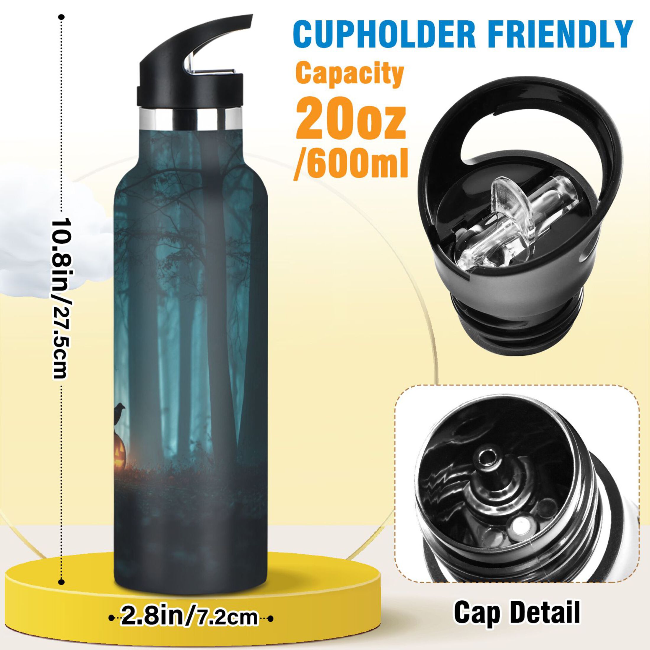 Kids Insulated Stainless Steel Sports Water Bottle 600ml (20oz) Crow Perched on Pumpkin Lantern