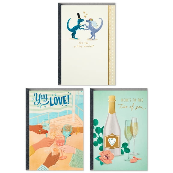 Hallmark Wedding Cards, Bridal Shower Cards, Engagement Cards Assortment, Yay Love (Pack of 3 Cards with Envelopes)