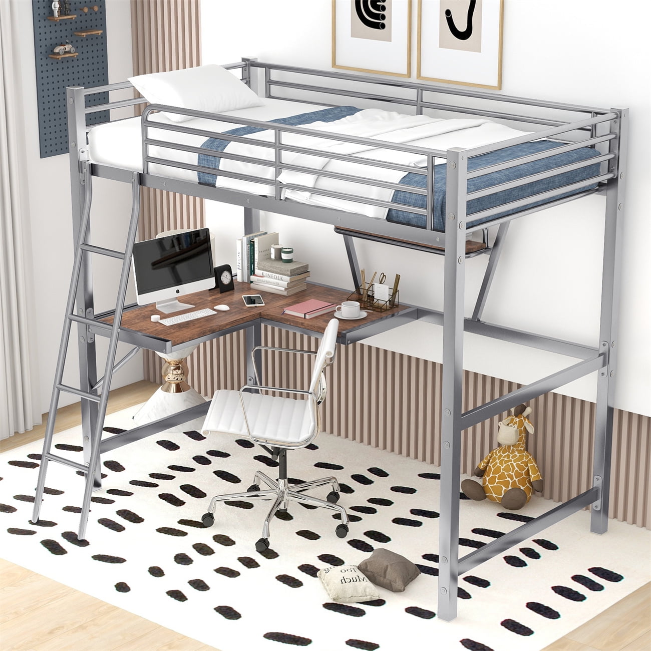 Metal Loft Bed, Twin Size MDF Bed with LShaped Desk and Shelf for Kids