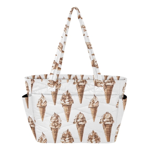 FORMRS Tote Bag for Women Quilted Large Capacity Travel Work Carry On Shoulder Handbag, Brown Ice Cream Pattern
