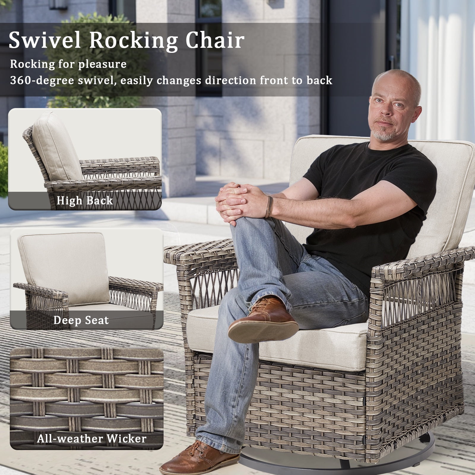 Lumiinofami 5 Piece Patio Furniture Set, Wicker Outdoor Patio Conversation Swivel Glider Rocker Chairs Set with Ottomans and Storage Side Table for Balcony Deck Garden, Beige Cushions