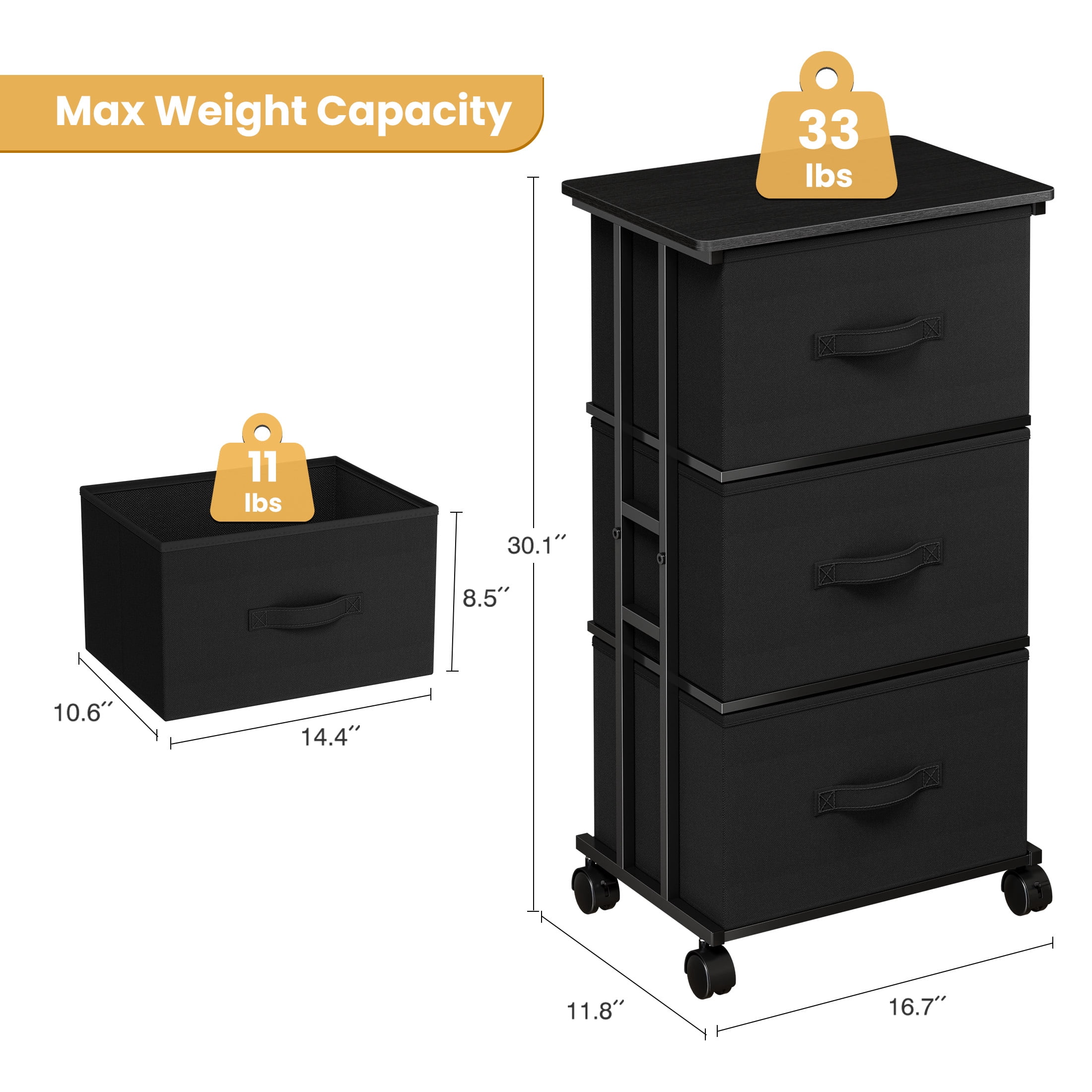 CONCETTA Dresser Storage with 3 Drawers, Storage with Wheels for Bedroom, Home Office, Black