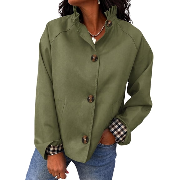 Sorvello Womens Ruffle Short Trench Coat Single Breasted Cropped Jackets,Stand Collar Button Down Fall Jackets Army Green L