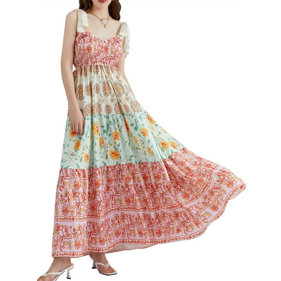 Mevireiy Women Y2K Flowy Smocked Maxi Dress Sleeveless Tie Shoulder Boho Floral Beach Sundresses