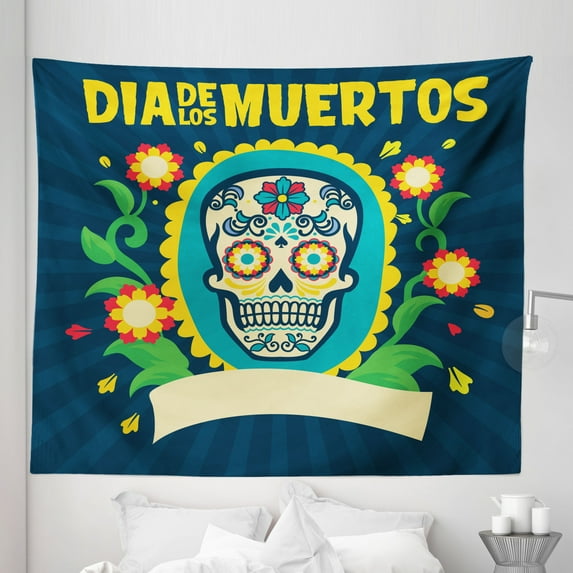 Dia de los Muertos Tapestry, Day of the Dead Themed Colorful Floral Pattern Floral Skull, Fabric Wall Hanging Decor for Bedroom Living Room Dorm, 5 Sizes, Petrol Blue Multicolor, by Ambesonne
