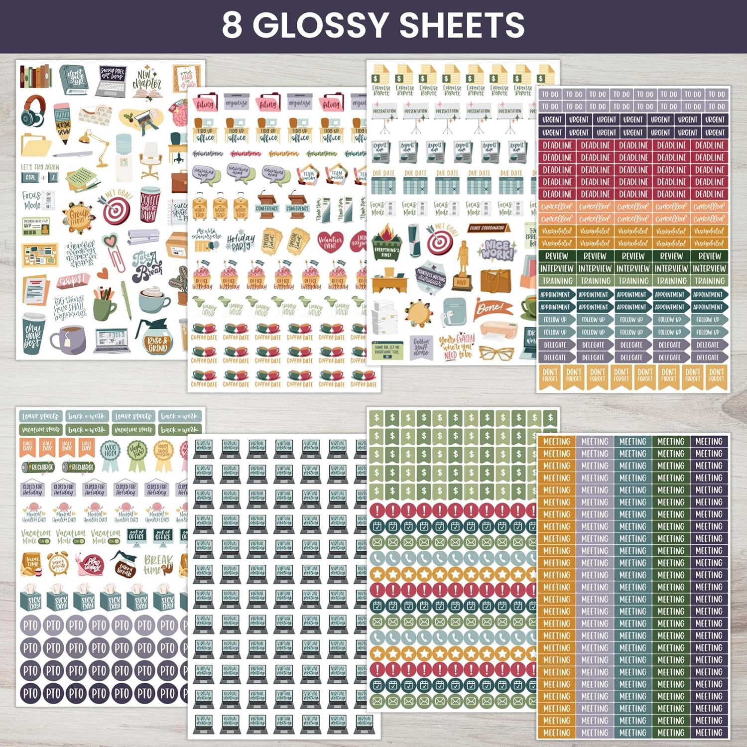Workday Essentials Planner Stickers - Productivity Variety Pack for Business Professionals - 8 Sheets / 802 Stickers - Meetings, Deadlines, Payday Icons for Work & Office