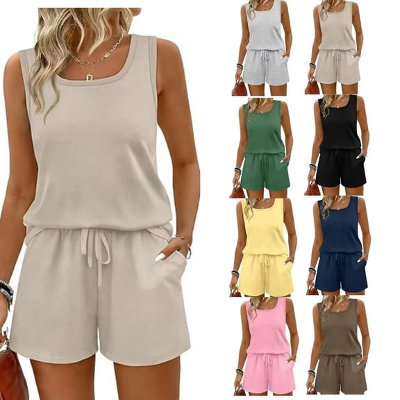 Women's Two Piece Set, Sleeveless Crew Neck Tank Top and Drawstring Waist Shorts with Pockets, Summer Loungewear Short Set, Casual Matching Outfit and Beach Cover Up-Black