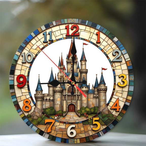 Stained Glass Castle Wall Clock with Colorful Design 10-Inch Silent Wooden Wall Clock, Battery Operated (AA Batteries Not Included), Artistic Home Decor