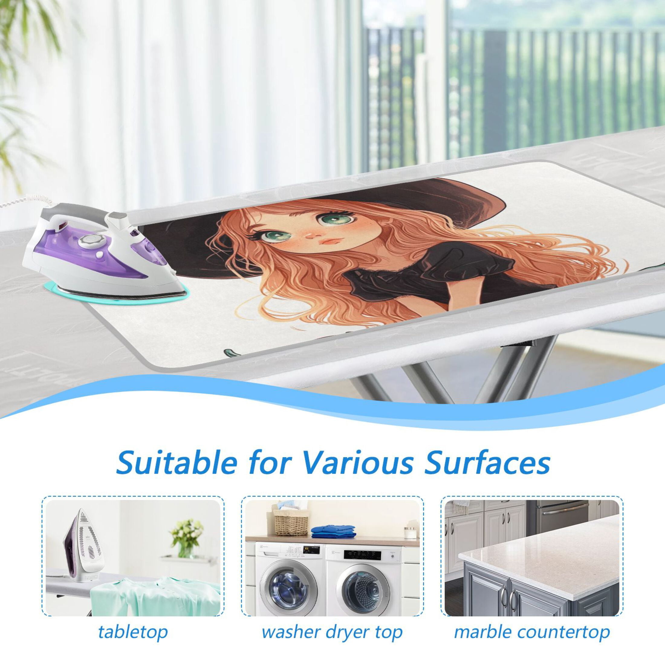 Cartoon Cute Witch Ironing Mat Blanket for Table Top Travel Portable Ironing Board Pad 47.2x27.6 Inch