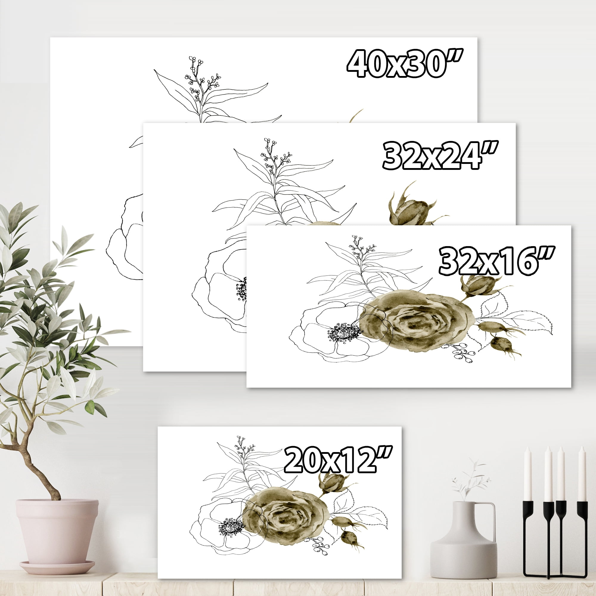 Designart ' Eucalyptus Branches With Anemone Bouquet Flower I ' Traditional Canvas Wall Art Print