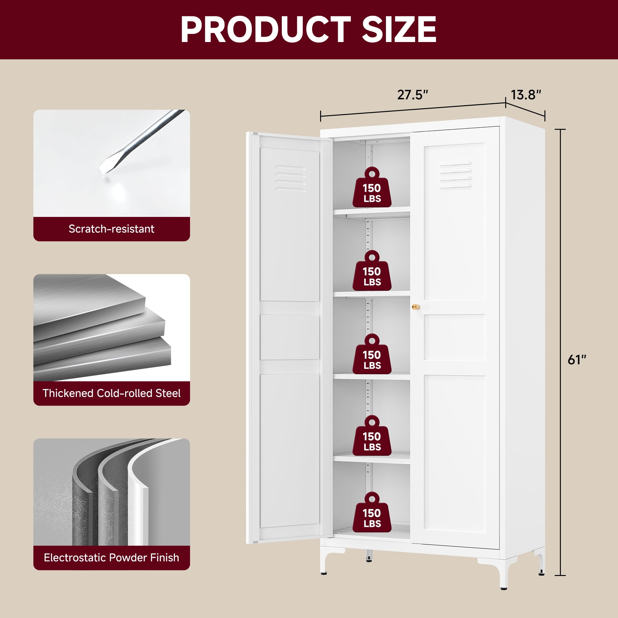 AUHUP Pantry Cabinet with 4 Adjustable Shelve, 61"H White Metal Storage Cabinet for Kitchen, Dining Room, Living Room