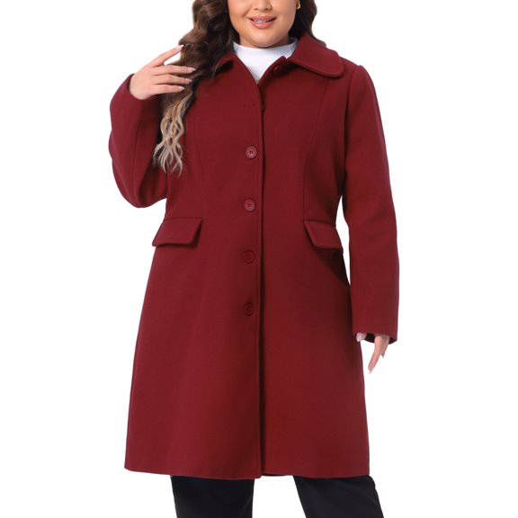 Agnes Orinda Women's Plus Size Coats Peter Pan Collar Single Breasted With Pockets Trench Winter Long Peacoat 4X Burgundy