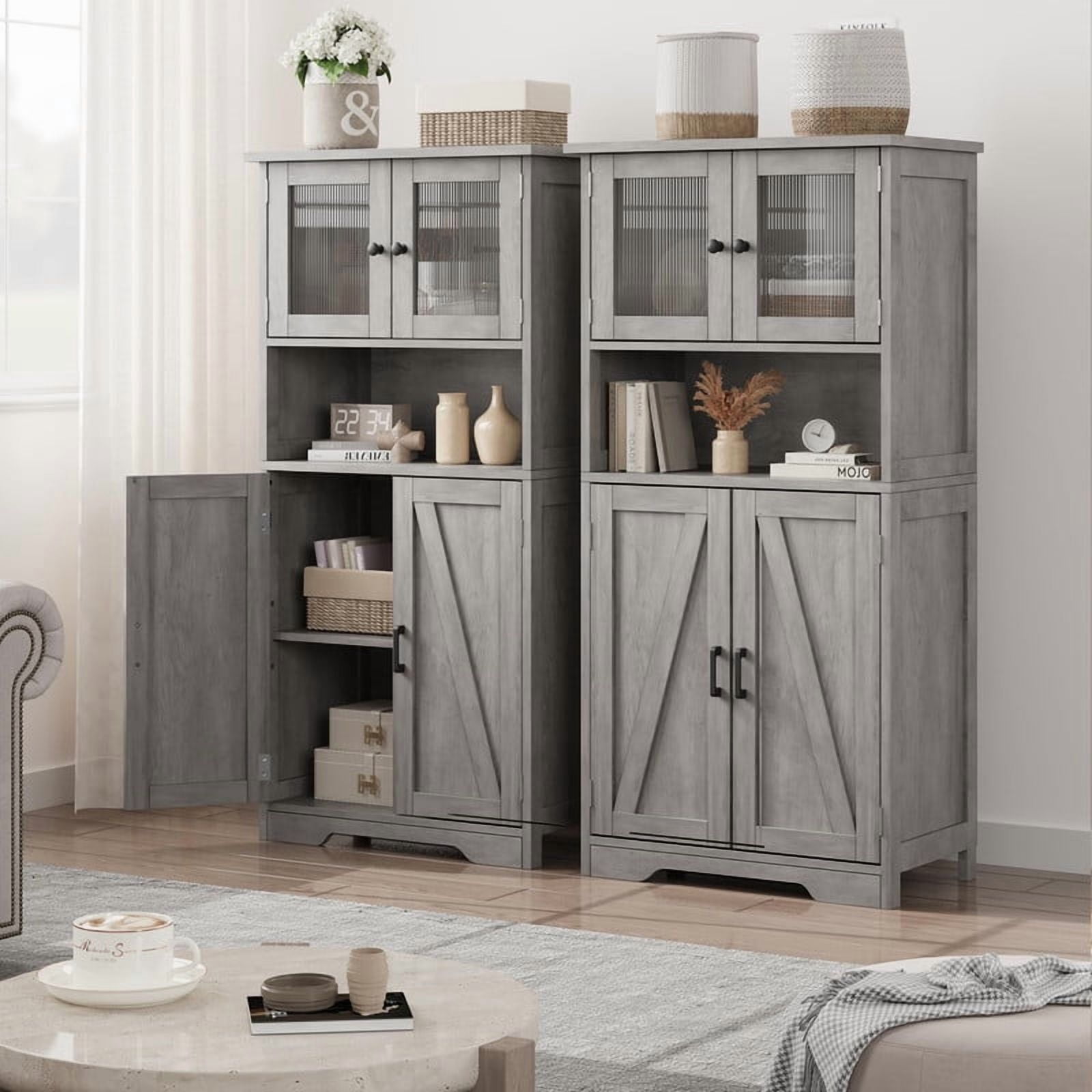 TROPOW Kitchen Pantry Cabinet, 50.4" Freestanding Storage Cabinet with Glass Doors and Adjustable Shelves, Wooden Cupboard, Large Floor Linen Cabinet for Bathroom, Living Room