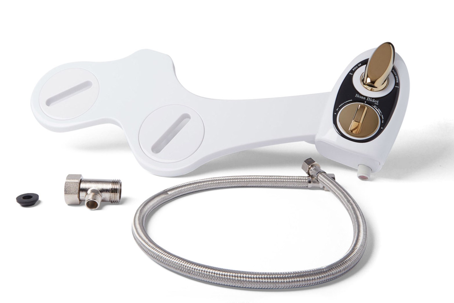 Boss Bidet Dual Nozzle Toilet Seat Bidet Attachment White and Gold with Self Cleaning