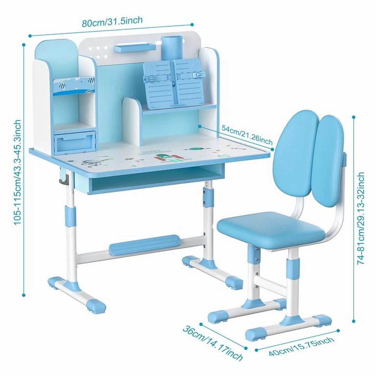 YNCE Kids Desk and Chair Set, Study Table with Golden Distance Design, Homeschooling Writing Desk with Desktop for Boys and Girls (Blue #1)