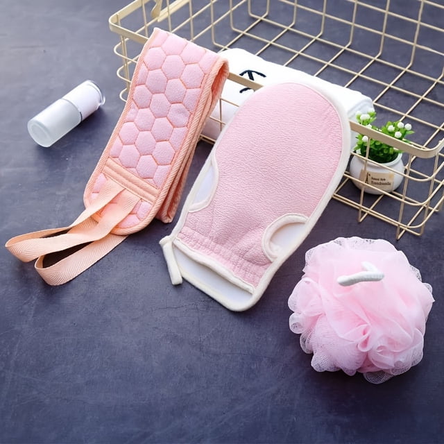 3pcs/Set Shower Cleaning Scrubbing Towel with Strong Mud Rubbing Gloves, Double-Sided Exfoliating Back Towel & Pull Back Strip, Deep Body Cleaning Bathing Kit